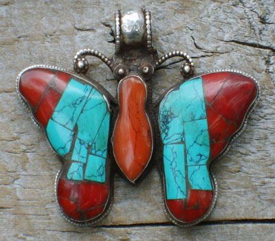 Tibetan Pebdant Coral and Turquoise Butterfly